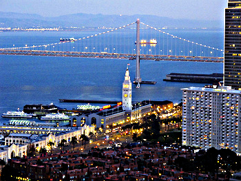 Bay Bridge and Ferry Building from atop the Tower; CC Adam Jackson